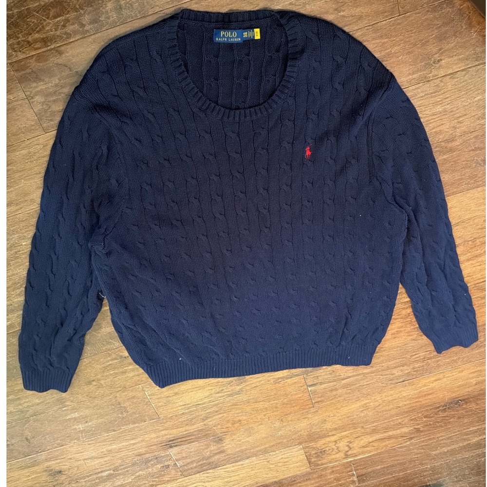 Polo Ralph Lauren Navy Blue Cable Knit Cotton Sweater Mens 4XB Red Pony